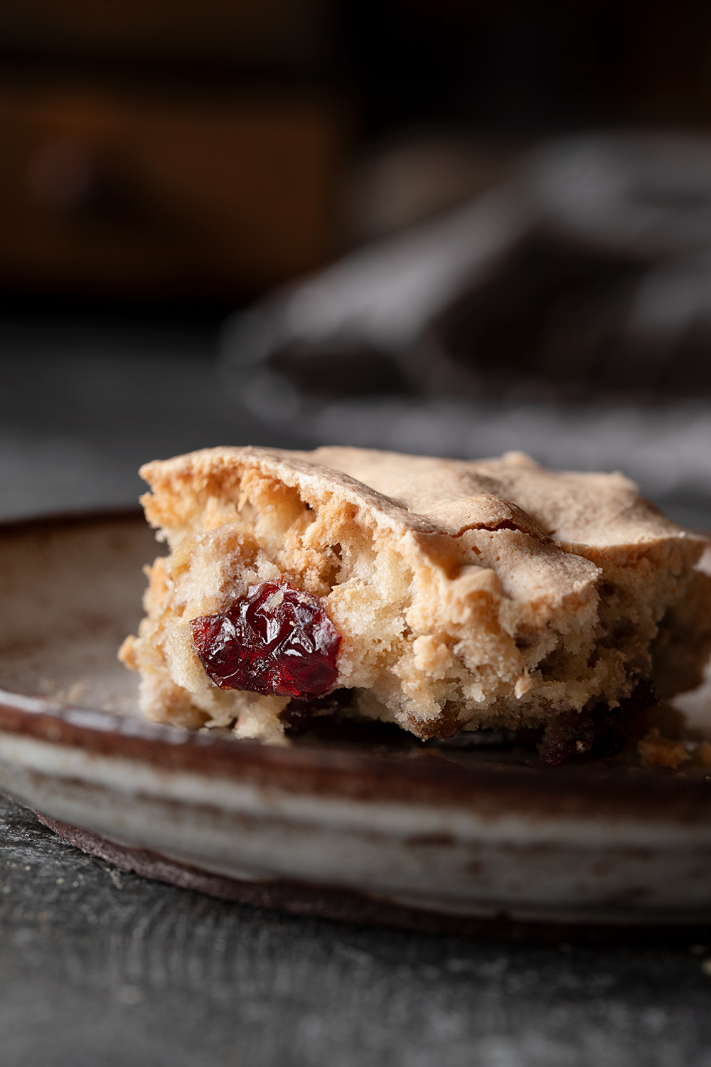 a close-up showing the raisins and walnut pieces inside